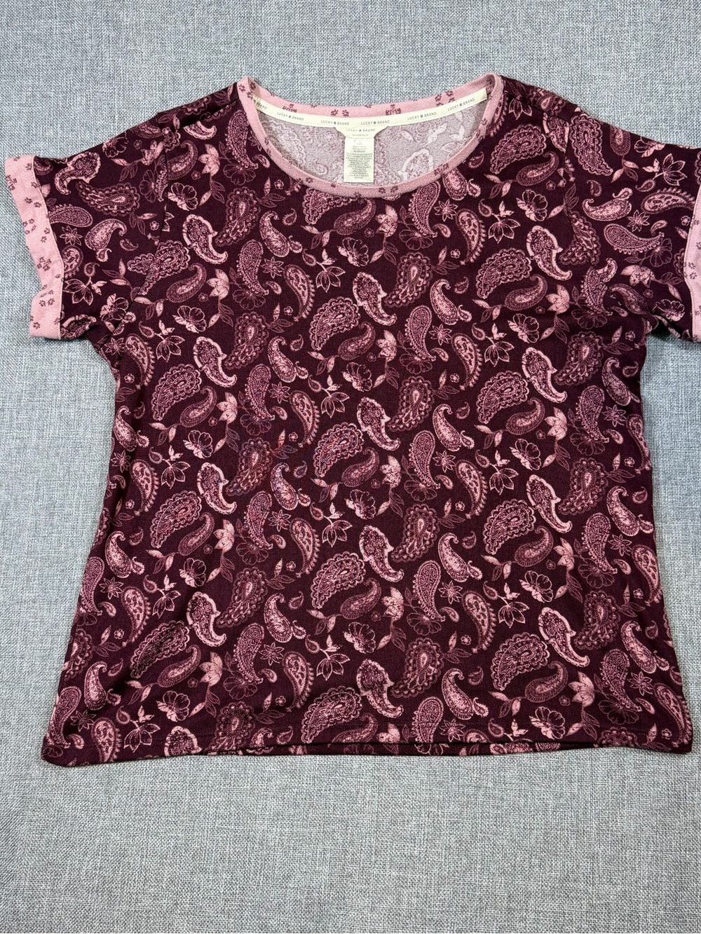 Lucky Brand Burgundy Paisley Short Sleeve Tee with Pink Trim